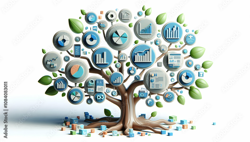 Obraz premium 3D Financial tree with branches made of graphs and charts and copy space concept as A soft abstract image depicts a tree whose branches are made of financial graphs and charts symbolizing the growth o