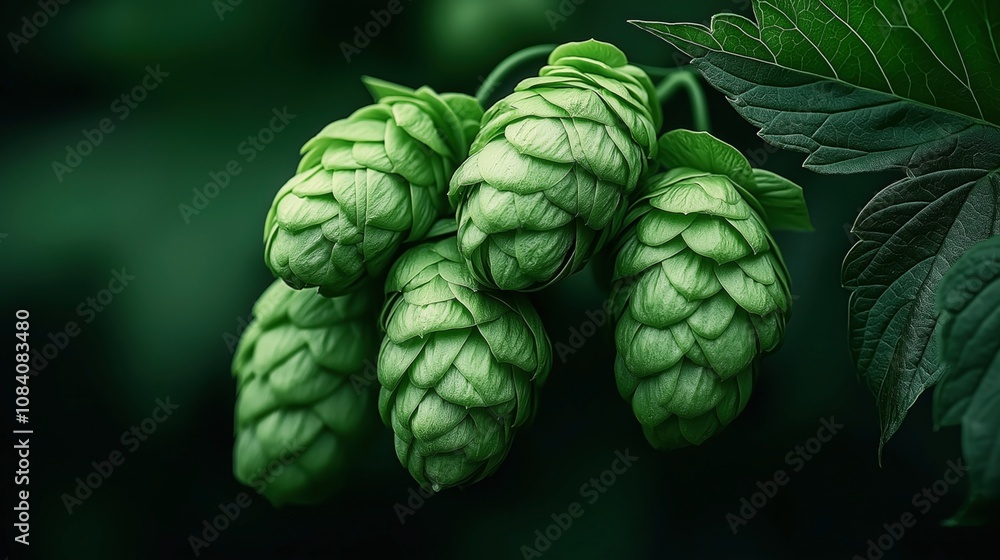 Fototapeta premium Close-up of ripe green hop cones on a vine with leaves, showcasing the texture and detail of the hops used in brewing and herbal medicine