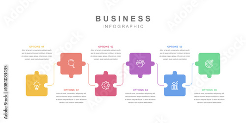 Infographic elements template Business concept with icons and 6 options, workflow layout, Jigsaw, icons, diagram, report, web design. Creative, vector, illustration.