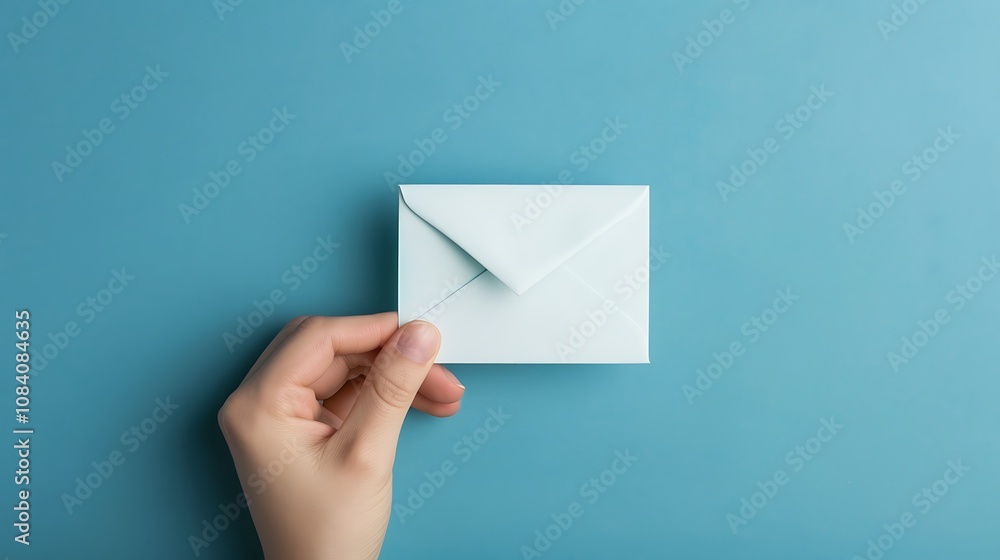 Fototapeta premium A hand holding a closed envelope against a blue background, symbolizing communication or correspondence.