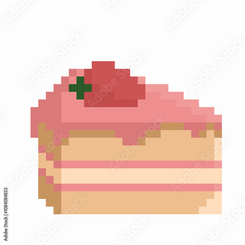 pink cake with strawberries in pixel art