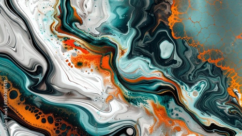 Wallpaper Abstract fluid art painting in orange, teal, black and white creating an organic wallpaper effect photo