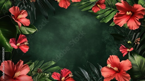Red hibiscus flowers and tropical leaves frame a dark green background.