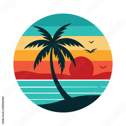 Beach Surf Silhouette Vector - Retro Ocean Wave Design with Surfboard & Sunset, Minimalist Coastal Art photo