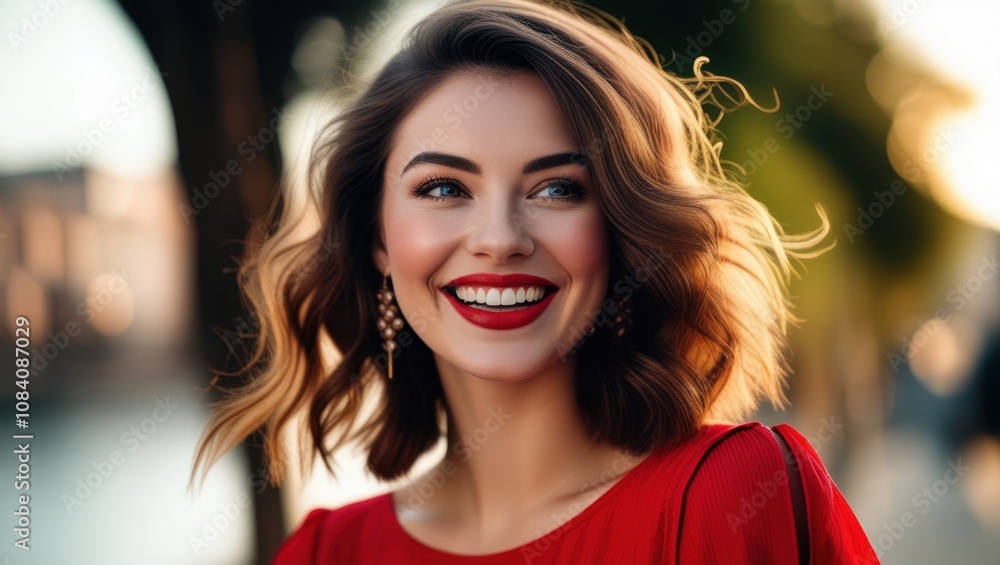 Fototapeta premium Portrait, young woman, radiant smile, red lipstick, white teeth, dark wavy hair, red sweater, warm lighting, bokeh background, golden hour, joyful expression, natural beauty, soft focus, shallow depth