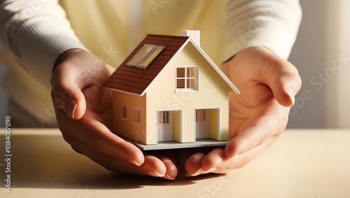 A person holds a small house model, symbolizing homeownership, security, and the concept of real estate investment.