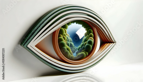 3D Close up of a person eye reflecting a forest scene with copy space concept as A macro image shows a close up of a persons eye reflecting a lush forest scene symbolizing deep mindfulness and immersi photo