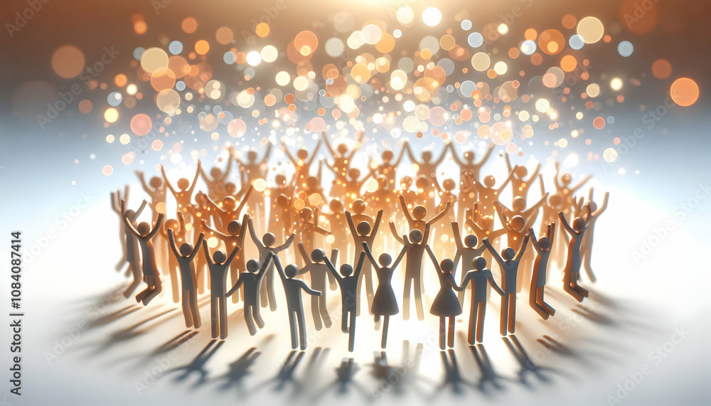 Naklejka premium 3D Bokeh image of diverse silhouettes celebrating together with copy space concept as A soft abstract image shows silhouettes of diverse people joyfully celebrating together against a bokeh background