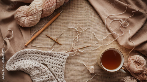 A peaceful workspace featuring soft pastel yarn, crochet tools, and a warm cup of tea, creating a cozy crafting atmosphere.