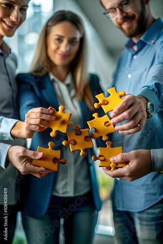 Bokeh digital art with team holding puzzle pieces together copy space above. concept as A bokeh digital art scene of a team holding puzzle pieces together representing unity and collaborative effort i