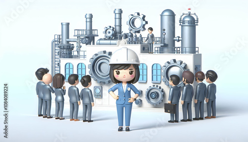 3D Woman engineer leading team on industrial site concept as Woman engineer leads team on industrial site; scene captures industrial innovation leadership diversity; professionals engaged in engineeri photo