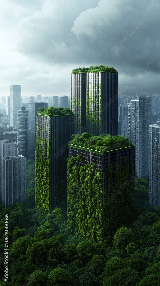 Obraz premium Urban jungle transformation green skyscrapers cityscape architecture modern environment aerial view sustainable design