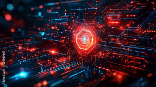 A dramatic image showcasing a bright hexagonal red core surrounded by advanced circuitry patterns, brimming with digital and technological connotations.
