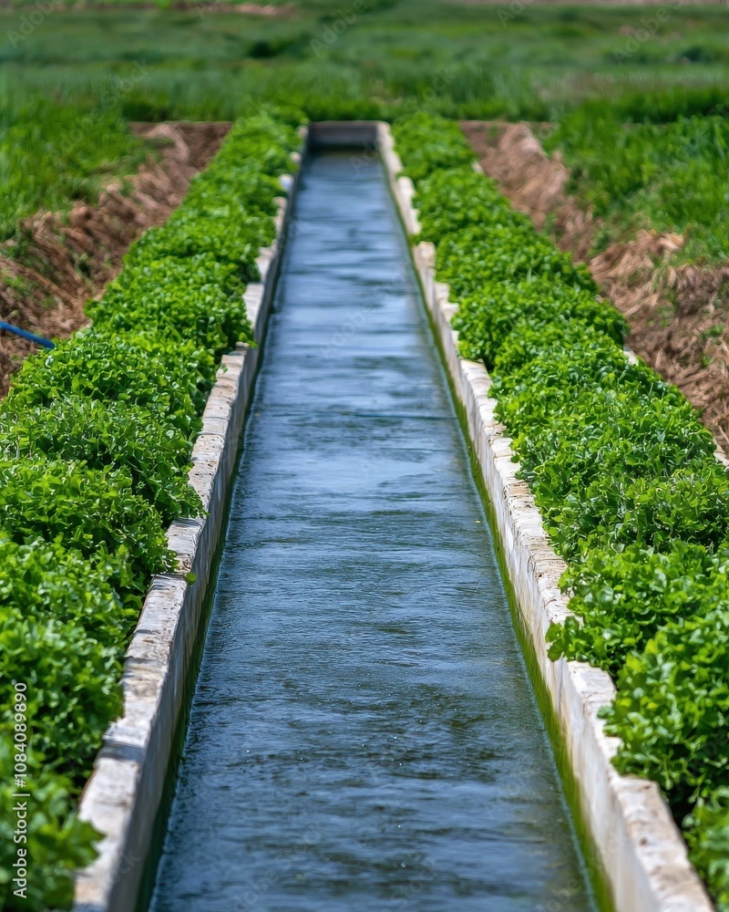 Obraz premium Irrigation in green lettuce fields agriculture aerial view rural landscape