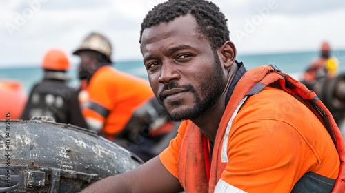 A confident man in an orange work uniform poses while resting, with colleagues in the background, This image is ideal for themes related to teamwork, industry photo