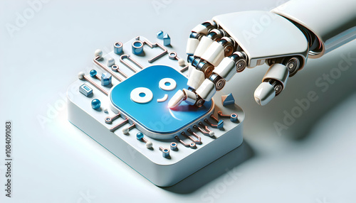 3D Abstract robotic hand touching digital interface with copy space concept as A glossy image shows a robotic hand reaching out to touch a digital interface on a plain background symbolizing automatio photo