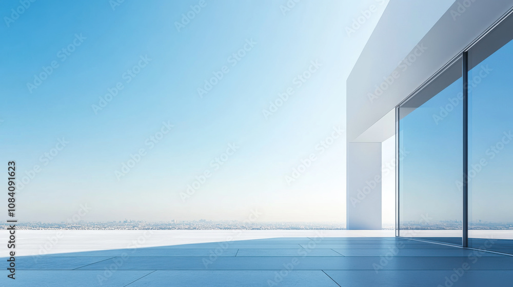 Fototapeta premium Modern balcony with panoramic city view under clear blue sky in daytime