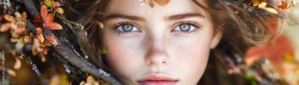Obraz premium A close-up portrait of a young woman framed by colorful autumn leaves and branches, emphasizing her radiant eyes and natural beauty, Ideal for beauty, nature, and seasonal themes in marketing,