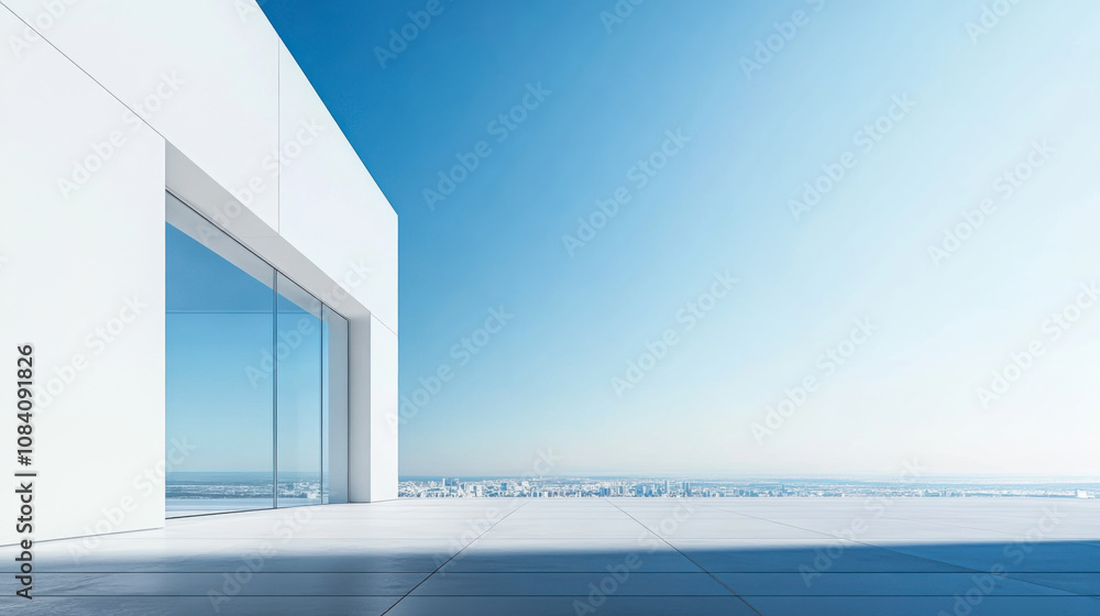 Fototapeta premium Modern balcony with panoramic city view under clear blue sky in daytime
