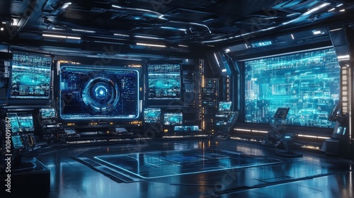 Fototapeta Naklejka Na Ścianę i Meble -  Futuristic spaceship bridge interior with a large panoramic screen and various control panels.