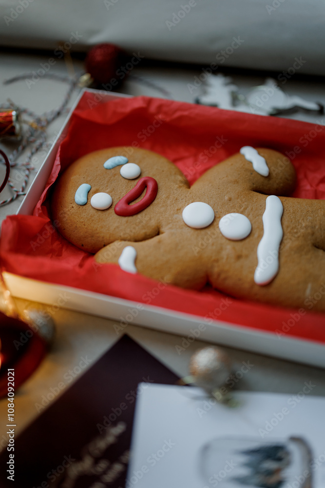 Fototapeta premium Funny Gingerbread man. Christmas and New Year food. homemade