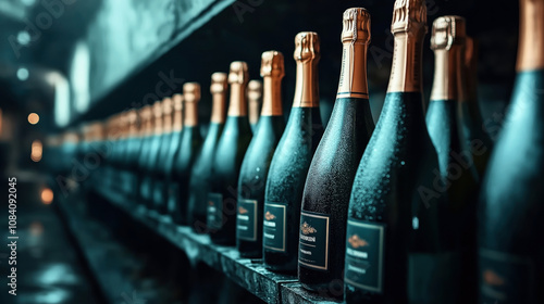 Row of champagne bottles with gold foil on a shelf in a dimly lit wine cellar, creating a sense of luxury and celebration