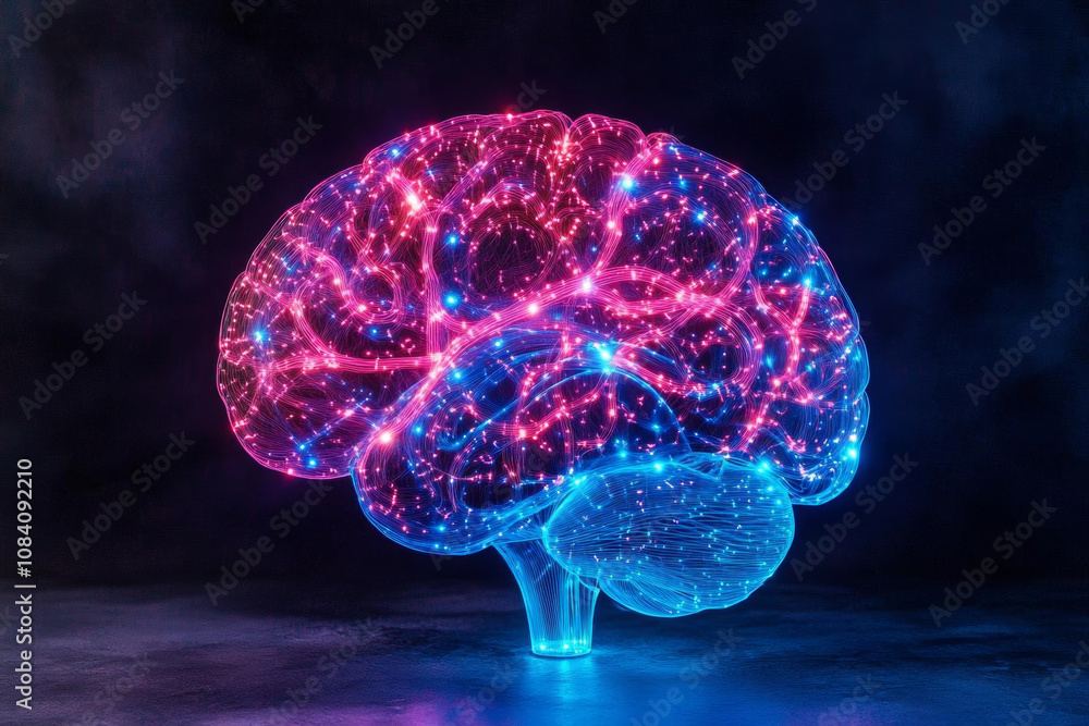 3D brain model with glowing lights in pink and blue colors ...