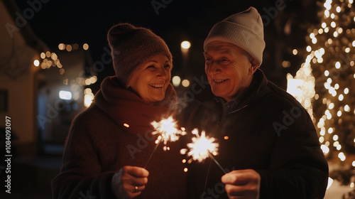 Beautiful elderly couple holding sparklers celebrating new year. Happy lifestyle for retirees, party lights. photo