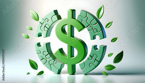 3D Business puzzle pieces forming a green leaf with copy space concept as A soft abstract image depicts business themed puzzle pieces coming together to form a green leaf symbolizing integrating susta photo