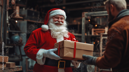 Happy old funny bearded Santa Claus holding Christmas present handing gift box to courier delivering parcel. Fast express delivery concept for Christmas. photo