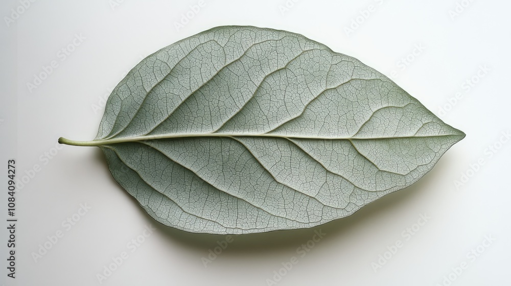 Obraz premium A single, light green leaf with prominent veins lies flat against a white background.