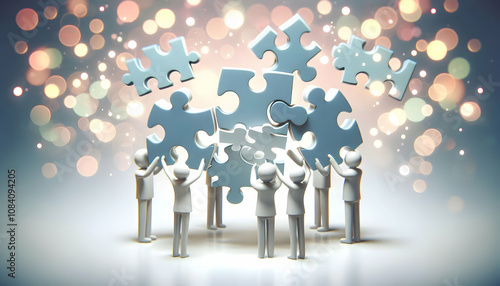 3D Bokeh background with team members placing puzzle pieces together copy space above. concept as Team members placing puzzle pieces together against a bokeh background symbolizing unity and collabora photo