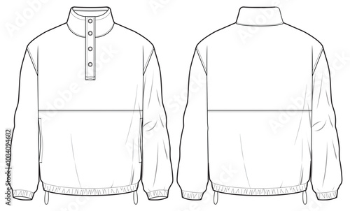 Popover jacket design flat sketch Illustration front and back view vector template, Anorak winter Jacket for men and women