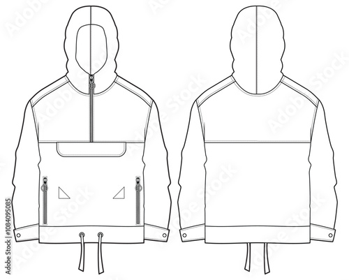 Popover Anorak Hoodie jacket design flat sketch Illustration, Protection Hooded jacket with front and back view, winter hoody jacket for Men and women. for hiker, outerwear in winter