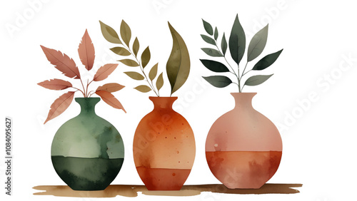 A set of three elegant, modern vases with stylized leaves, perfect for home decor or botanical-themed design projects