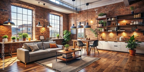 Wallpaper Mural Vintage Style Photography of a Modern Open Plan Studio Apartment Featuring Exposed Brick Wall, Stylish Decor, Minimalist Furniture, Cozy Atmosphere, and Warm Lighting for Interior Design Inspiration Torontodigital.ca
