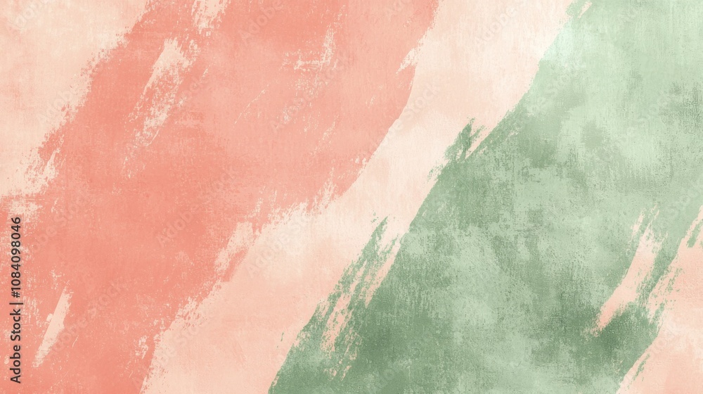 Fototapeta premium Peach and green brushstrokes blend on a light-colored canvas, forming an abstract textured background ideal for design projects