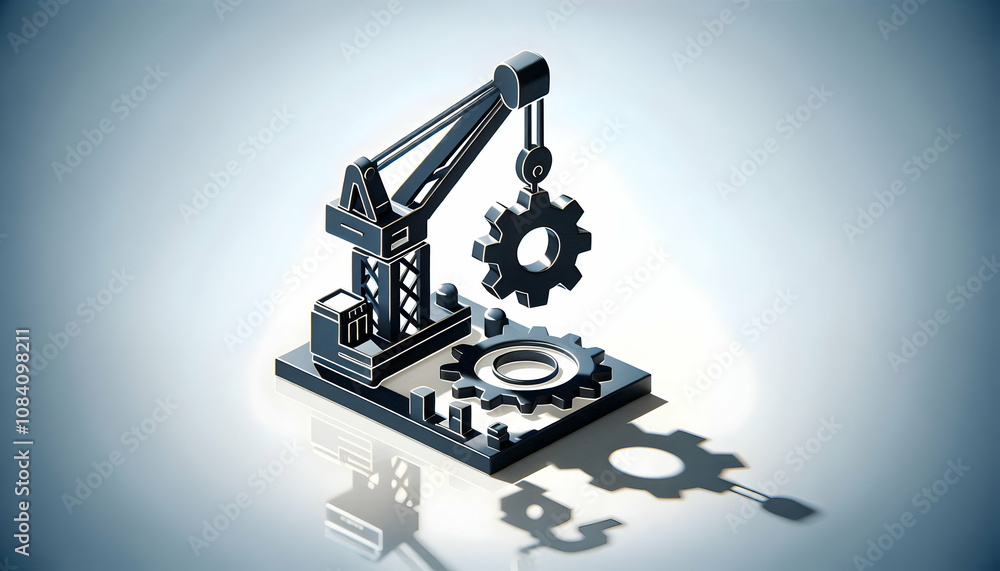 Fototapeta premium 3D Silhouetted crane lifting gear against plain background with copy space concept as A glossy image shows a silhouetted crane lifting a gear against a plain background symbolizing construction and in