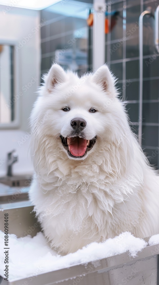 Fototapeta premium Happy white samoyed dog sitting in sink full of soap bubbles