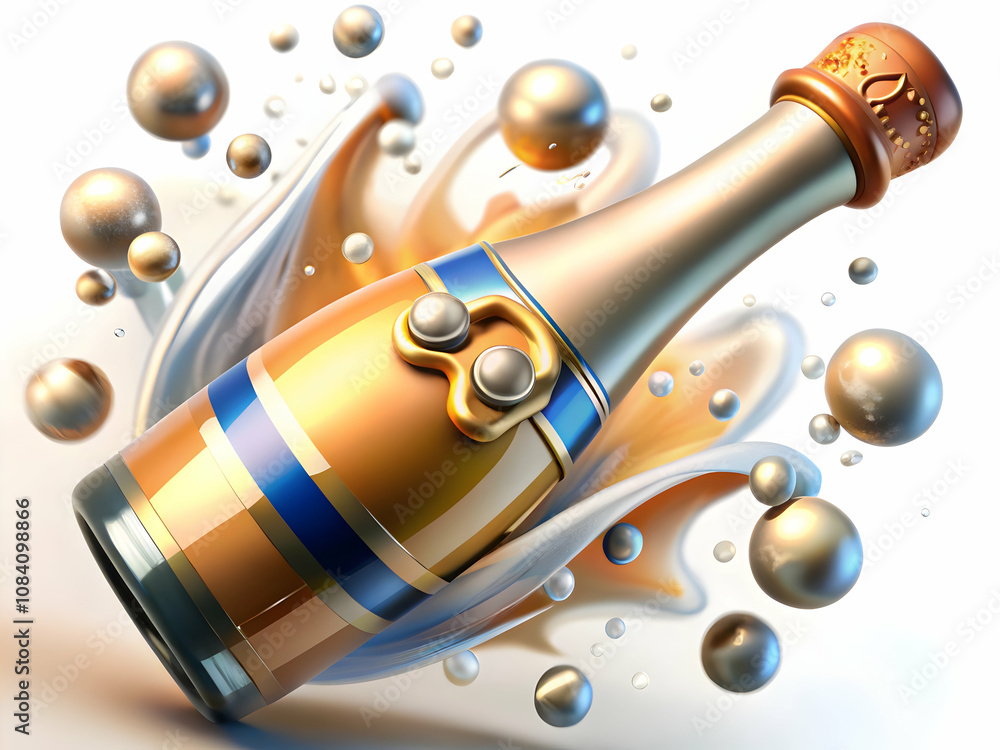 Fototapeta premium Champagne bottle popping with floating bubbles isolated on white background. concept as A dynamic vector of a champagne bottle popping releasing floating bubbles symbolizing celebration and success in