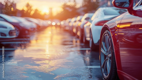 Lineup of cars different colors with blurred background are standing in outdoor auto showroom. Modern vehicle diversity. Auto dealership. Modern transportation. Support car insurance service.