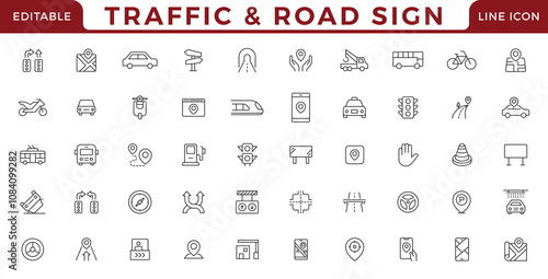 Traffic and road line icons collection. Street, transport,traffic sign, fuel, vehicle, location, car service icons.Traffic and Road signs. Stroke line icon collection