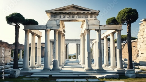 Ancient Greek architecture, marble columns, classical temple, Doric order, symmetrical design, stone steps, blue sky, archaeological site, historical monument, ruined structure, sunlit facade, archite photo