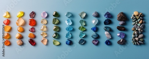 A vibrant arrangement of various gemstones and crystals displayed in a colorful spectrum against a blue background photo