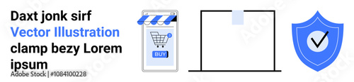 Shopping cart storefront, document, and shield with checkmark. Ideal for e-commerce websites, online security, document management, quality assurance, web design, marketing materials, promotional