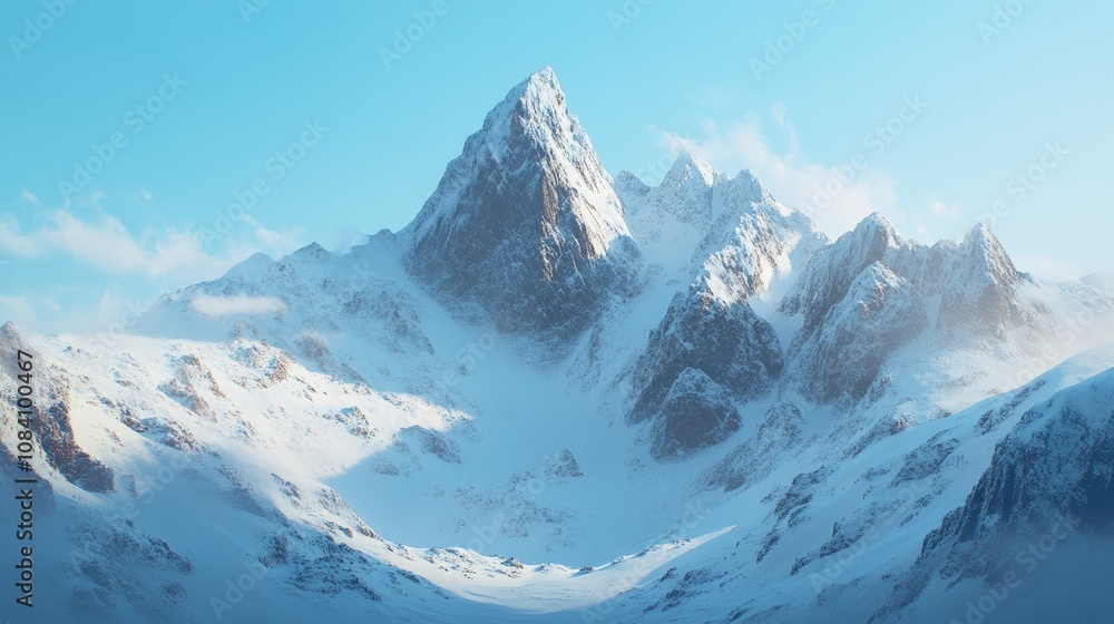 Fototapeta premium Majestic snow-capped mountain peak with a blue sky and clouds in the background.