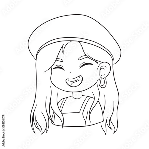 Cute girl in beret. Vector illustration for coloring book.