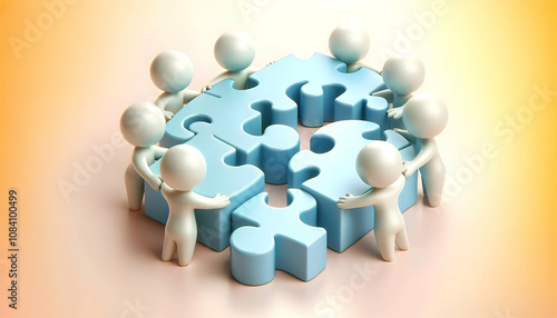 3D Soft abstract background with team members connecting puzzle pieces copy space below. concept as Team members connecting puzzle pieces on a soft abstract background representing unity and collabora photo