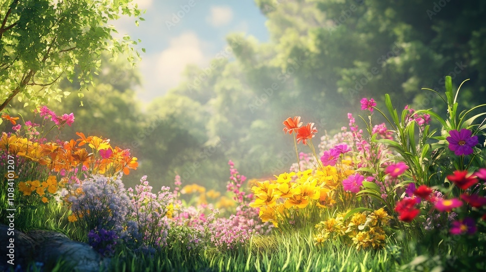 Obraz premium A field of vibrant wildflowers bathed in soft sunlight, with lush green foliage and a blue sky overhead.