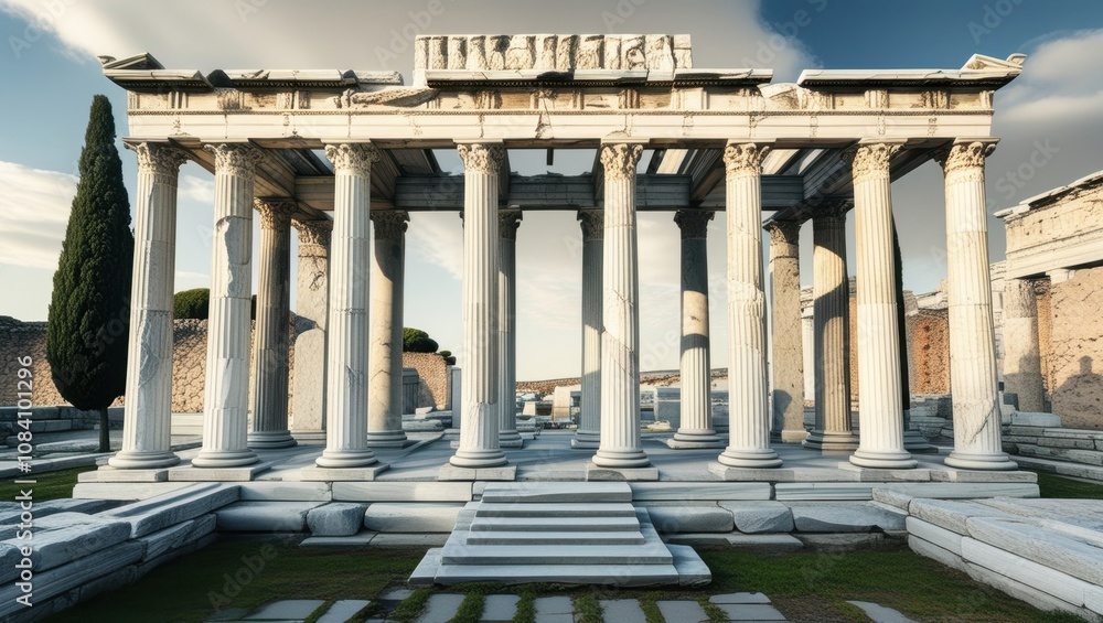 Fototapeta premium Ancient Roman architecture, marble columns, circular colonnade, ruined structure, Mediterranean landscape, blue sky, cypress trees, historical site, archaeological ruins, classical design, sunlit ston